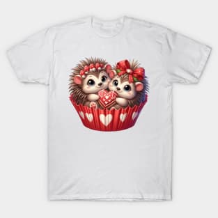 Valentine Hedgehog Couple In A Cupcake T-Shirt